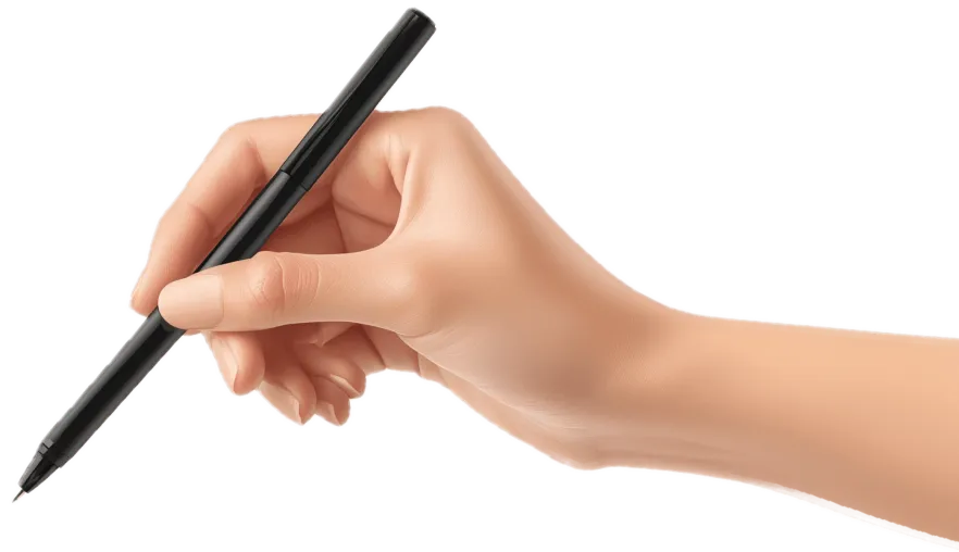 A hand holding a black pen, poised to write